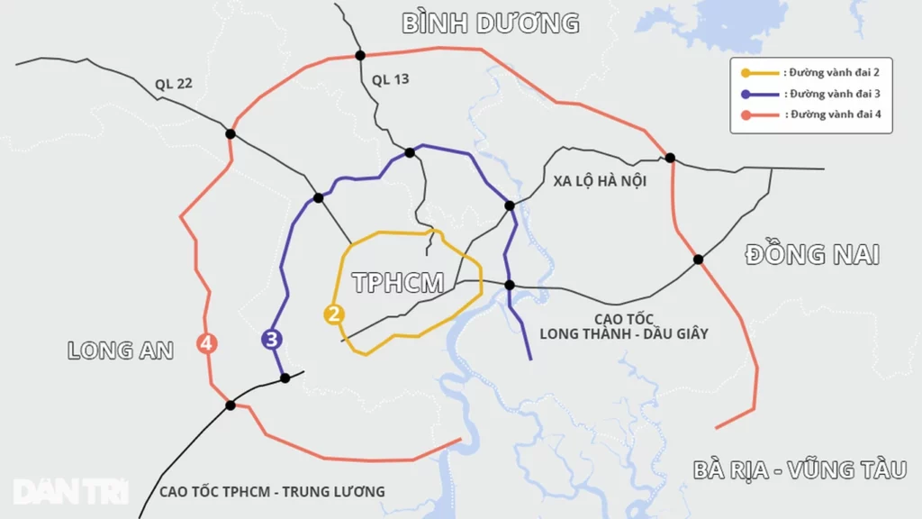 Sơ đồ các tuyến đường vành đai của TPHCM theo quy hoạch hiện nay (Đồ họa: Ngà Trịnh).