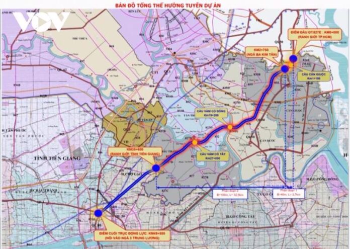 Sơ đồ hướng tuyến tỉnh lộ 827E tức quốc lộ mới 50B nối TP.HCM - Long An - Tiền Giang.