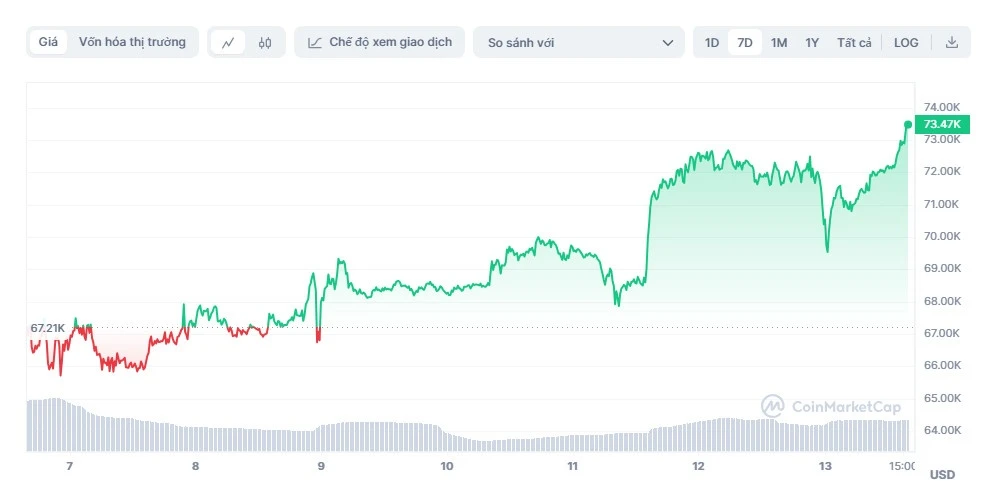 Giá Bitcoin rung lắc mạnh trước khi tăng lên mốc 73.000 USD/BTC. Ảnh: CoinMarketCap.