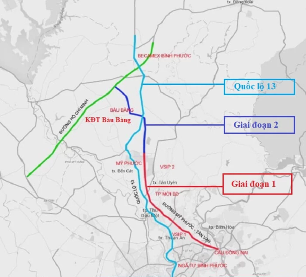 Đường được chia làm 2 giai đoạn. Giai đoạn 1 từ Dĩ An đến thị xã Bến Cát dài hơn 42 km, được đưa vào hoạt động từ năm 2015, gồm 6 làn xe. Giai đoạn 2 từ thị xã Bến Cát đến trung tâm hành chính Bàu Bàng dài 20 km km, rộng 61 m với quy mô 10 làn xe, hoàn thành năm 2021. Với quy mô này, đường Mỹ Phước - Tân Vạn giai đoạn 2 rộng gần gấp 4 lần hầu hết các tuyến đường cao tốc Bắc - Nam đang được xây dựng hiện nay (17 m, 4 làn xe).


