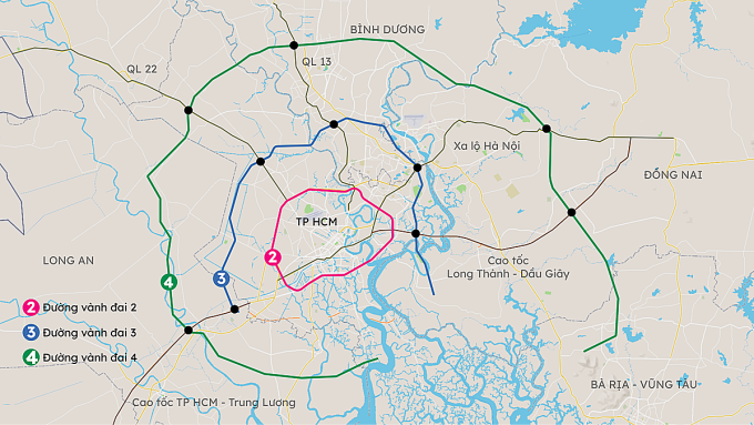 Đường Vành đai 3 có 7 km qua Long An, trong khu Vành đai 4 có hơn 70 km. Đồ họa: Khánh Hoàng